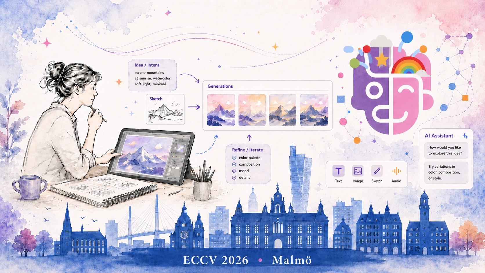 Watercolor illustration of human-AI co-creation for ECCV 2026